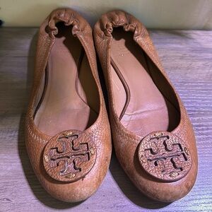 Tory Burch Minnie Travel ballet flats, size 7.5–cognac